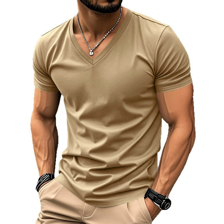 Herren nan klassisches V-Ausschnitt T-Shirt aus feinem Baumwolljersey mit verstärktem Nackenband und Doppelnaht Drune