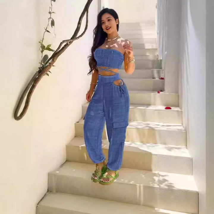 Damen Modischer Zweiteiler bestehend aus Crop Top und Cargo-Hose Drune