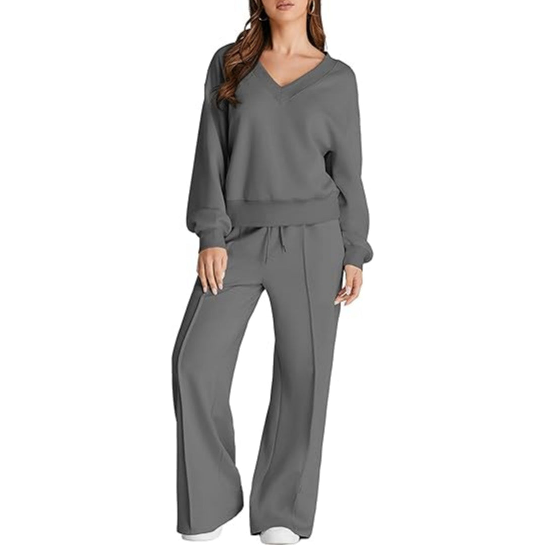 Damen Lässiges V-Ausschnitt Freizeit-Set mit weiter Jogginghose Drune