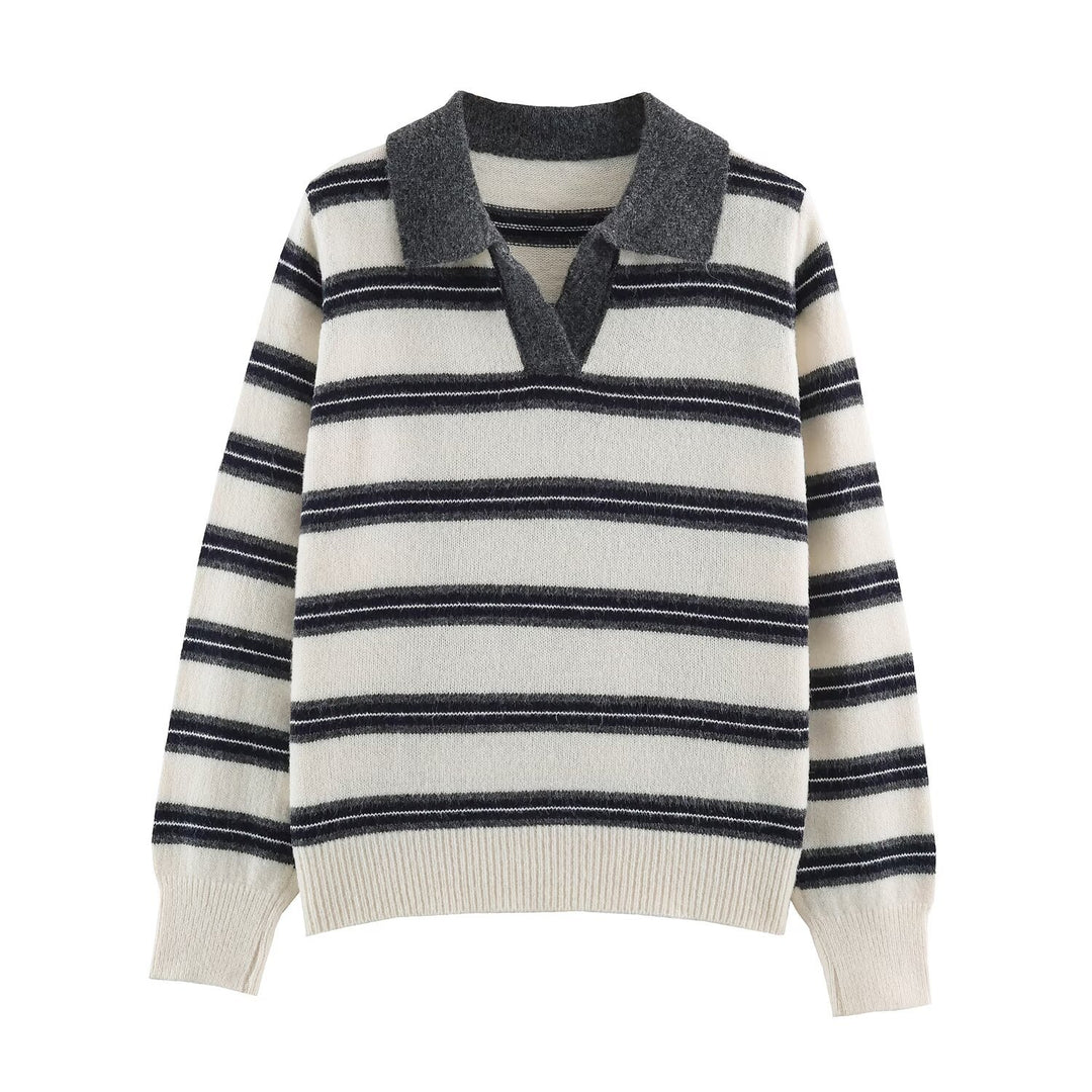 Damen Gestreifter Polokragen-Pullover mit Knopfleiste und Rippbündchen Drune