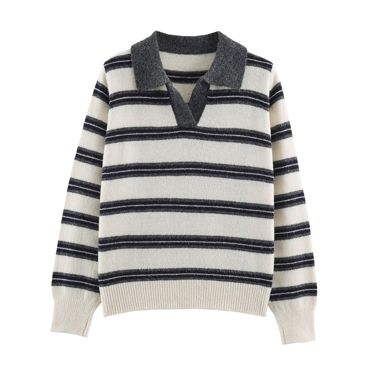 Damen Gestreifter Polokragen-Pullover mit Knopfleiste und Rippbündchen Drune