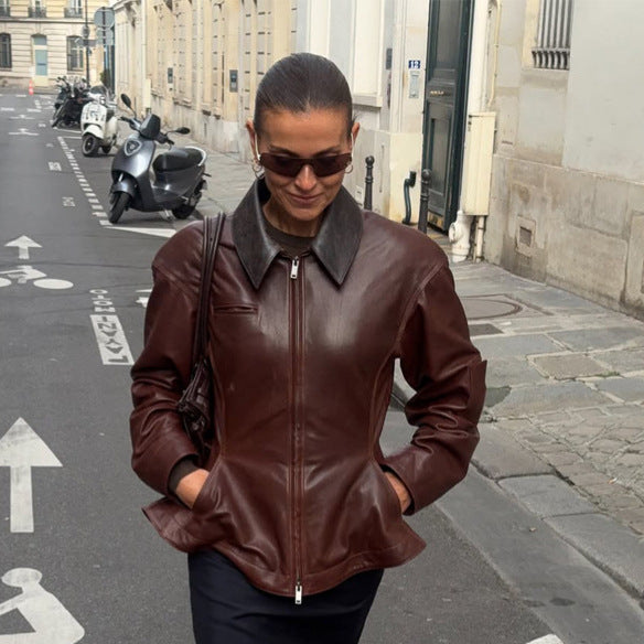 Damen Lederjacke mit tailliertem Schößchen, Reißverschluss & großem Hemdkragen Drune