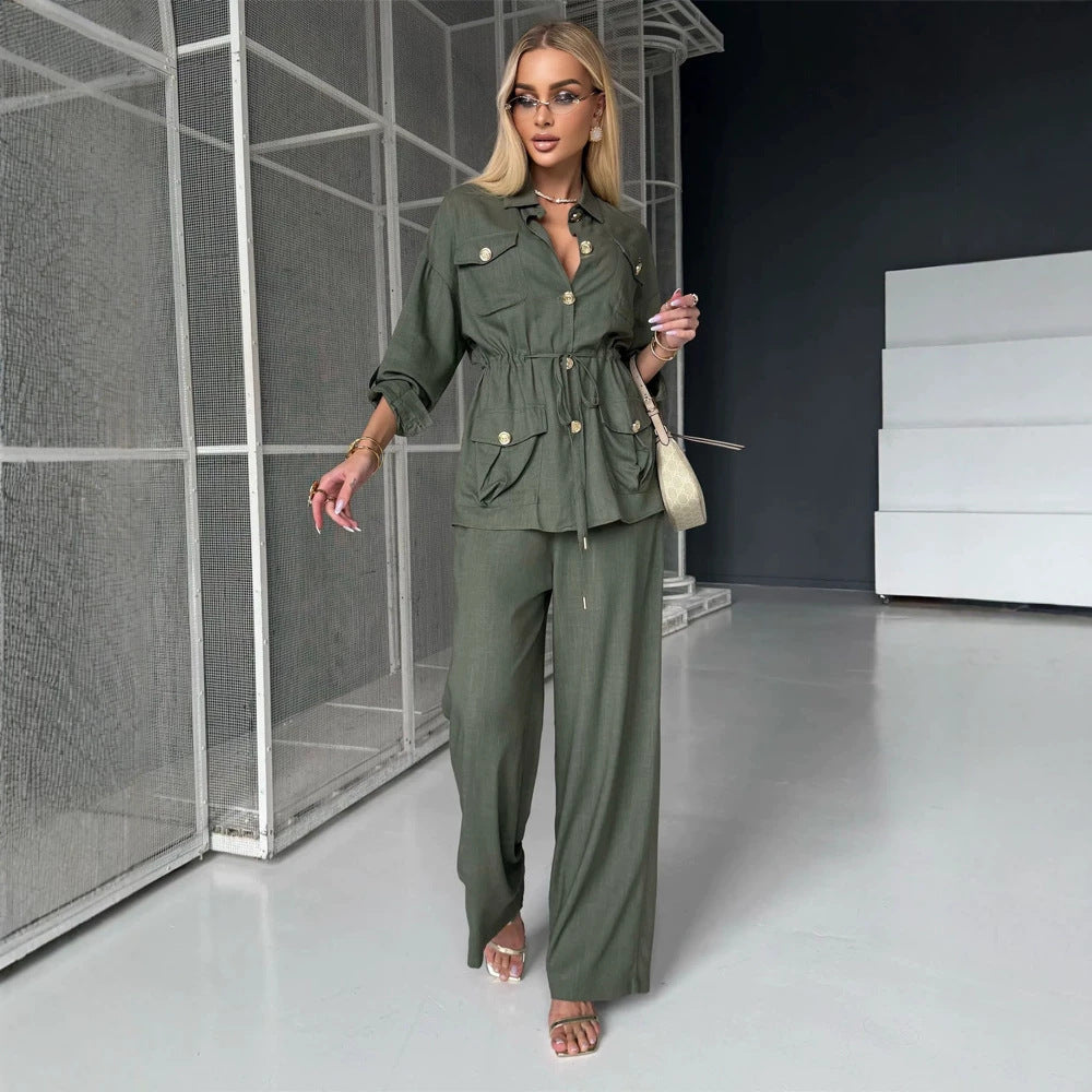 Damen Leinenoptik Utility-Hemdjacke mit Tunnelzugtaillierung und goldenen Zierknöpfen Drune