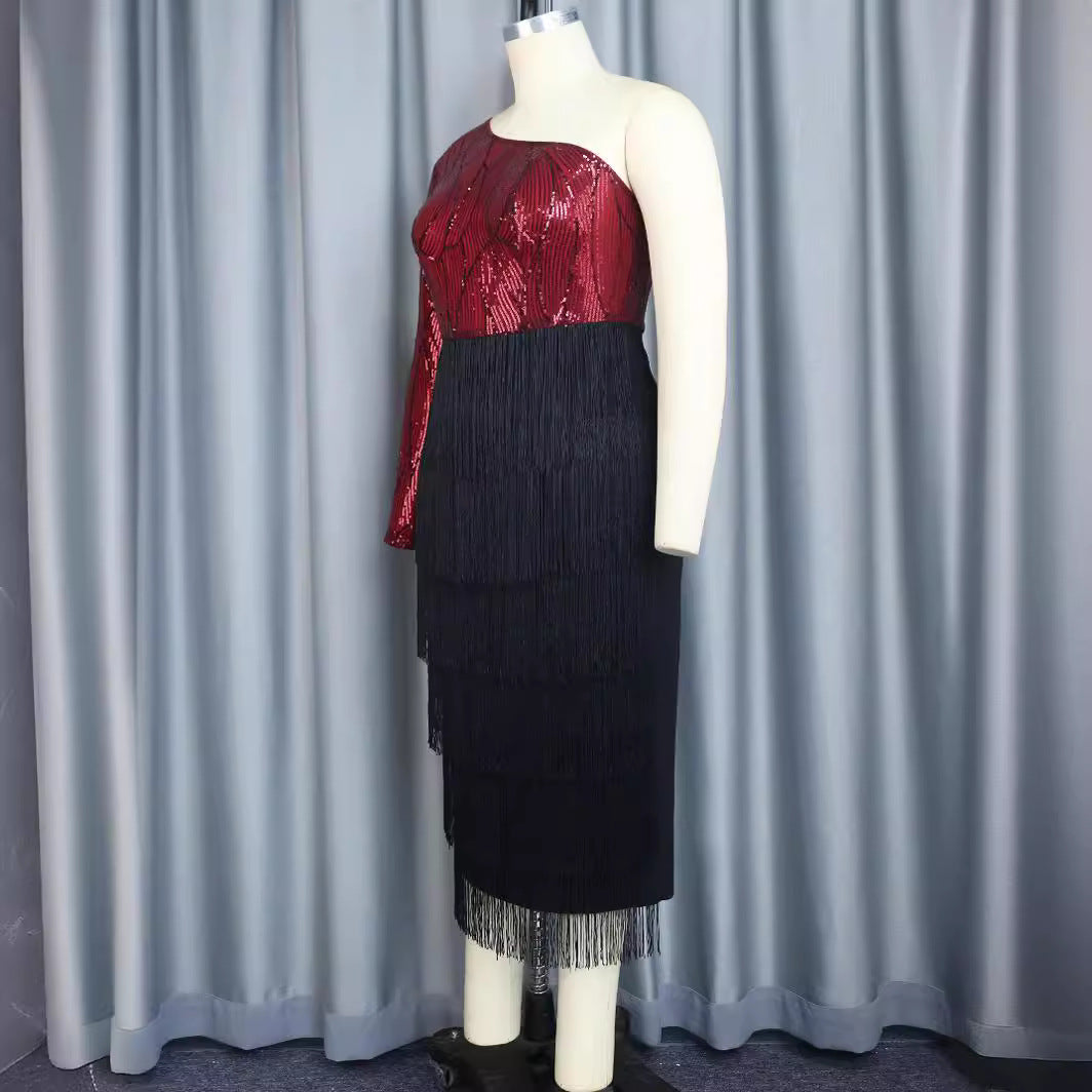 Damen Elegantes Cocktailkleid mit funkelnden Pailletten und Fransen Drune
