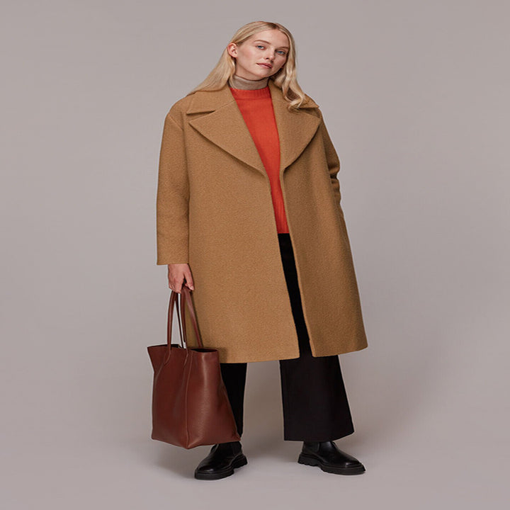 Damen Midilanger Wollmix‑Longmantel mit minimalem Schalkragen und relaxed Silhouette Drune