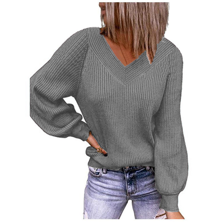 Damen Gerippter V‑Ausschnitt Pullover mit Ballonärmeln und lässiger Passform Drune