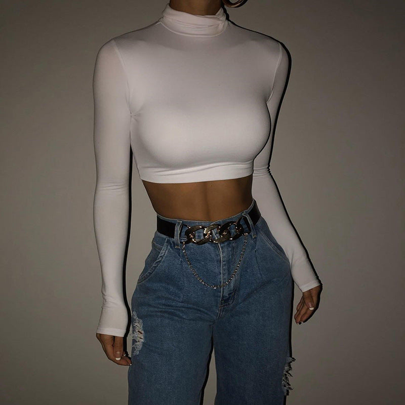 Damen Modisches Crop-Top mit hohem Kragen und langem Arm Drune