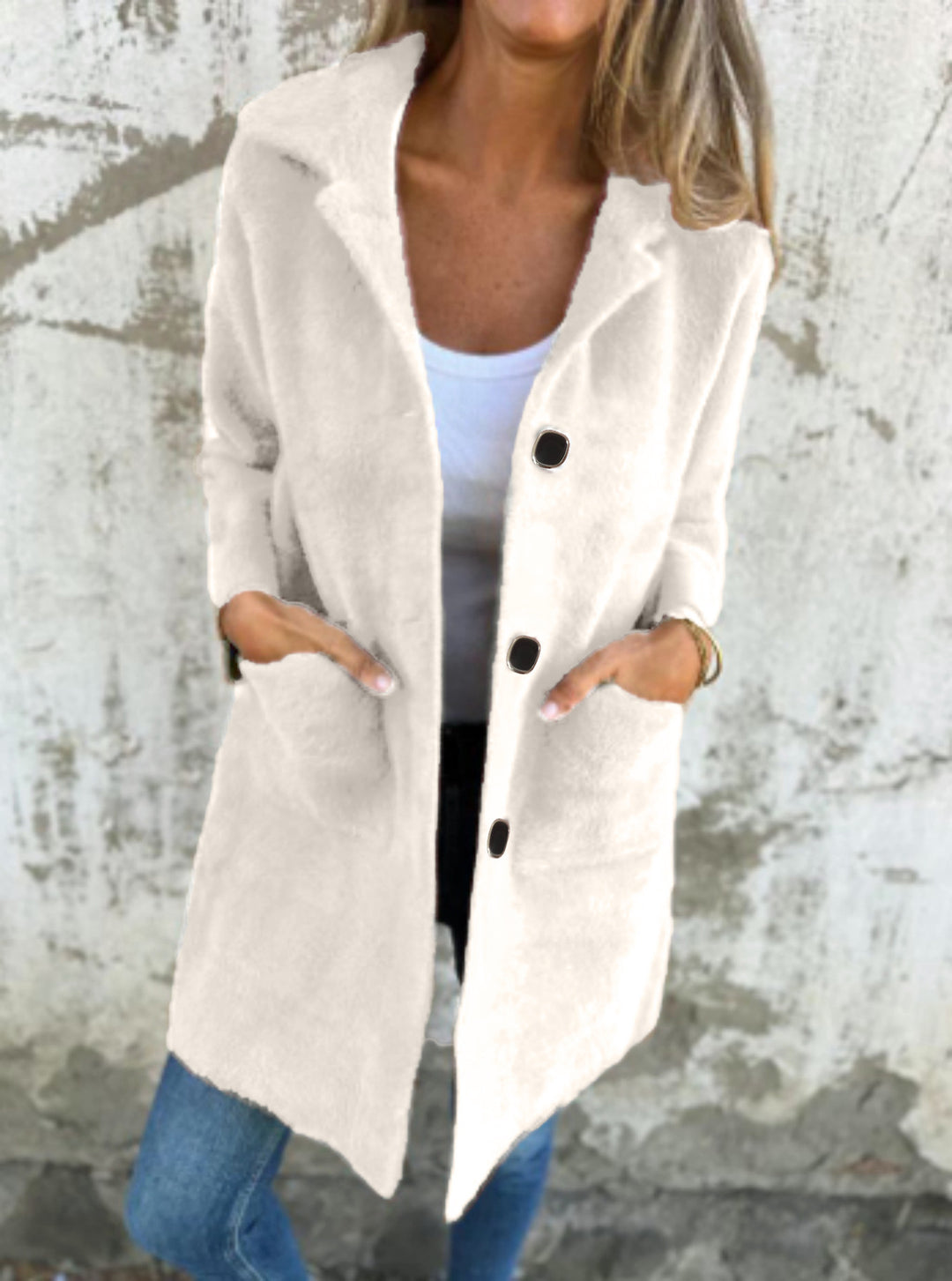 Damen Teddy-Mantel mit Oversize-Kragen, dekorativen Knöpfen und Eingrifftaschen Drune