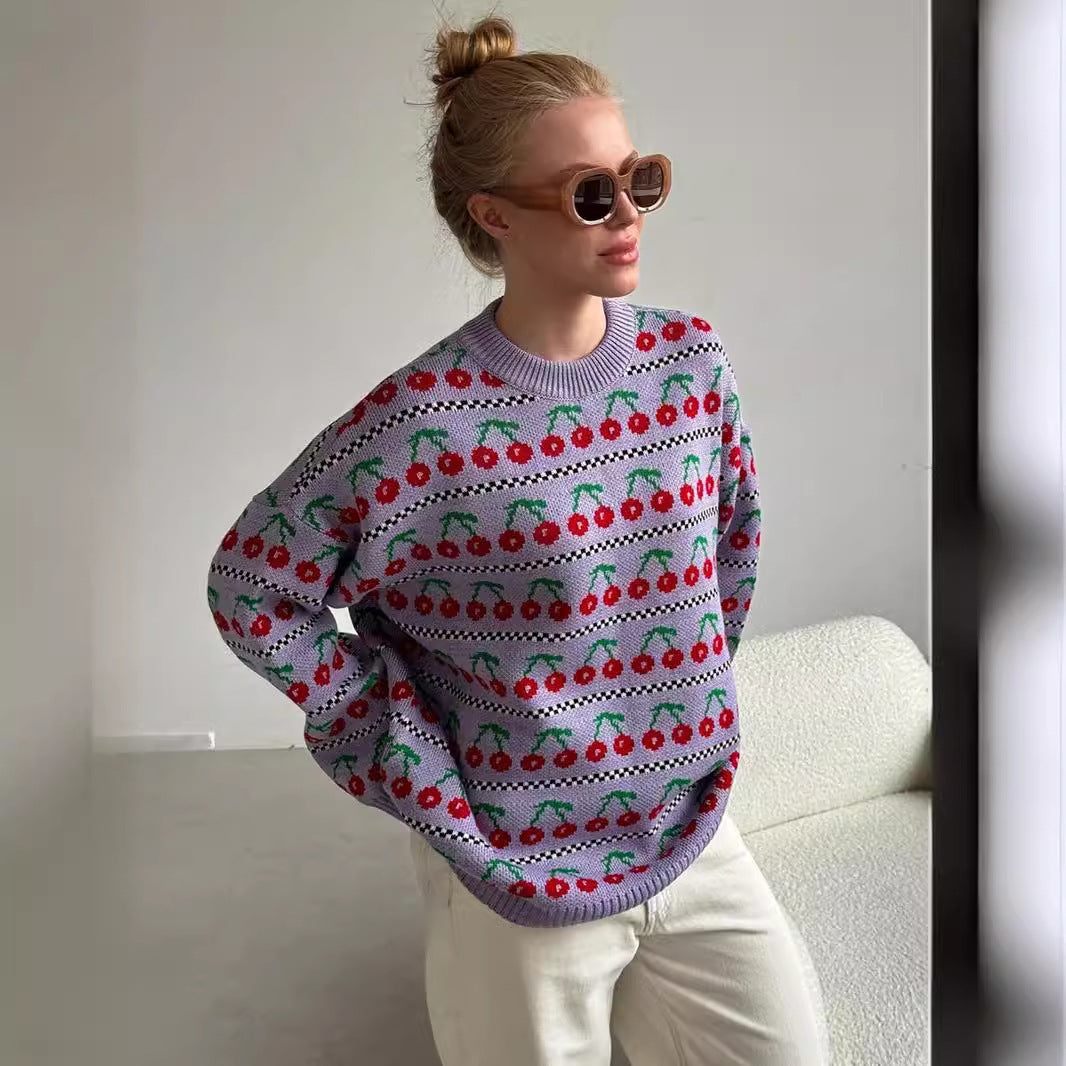 Damen Gemusterter Pullover mit fruchtigem Design Drune