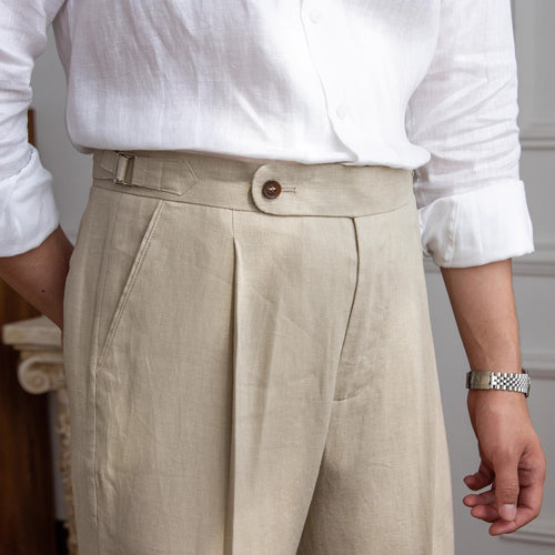 Herren Leinenhose mit hoher Taille, Bundfalten und verstellbarem Seitenriegel Drune