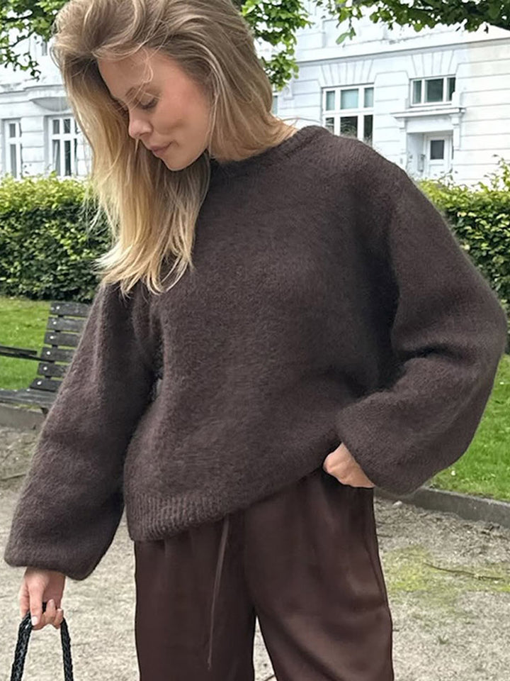Damen Flauschiger Rundhals-Pullover mit Ballonärmeln und kastiger Silhouette Drune