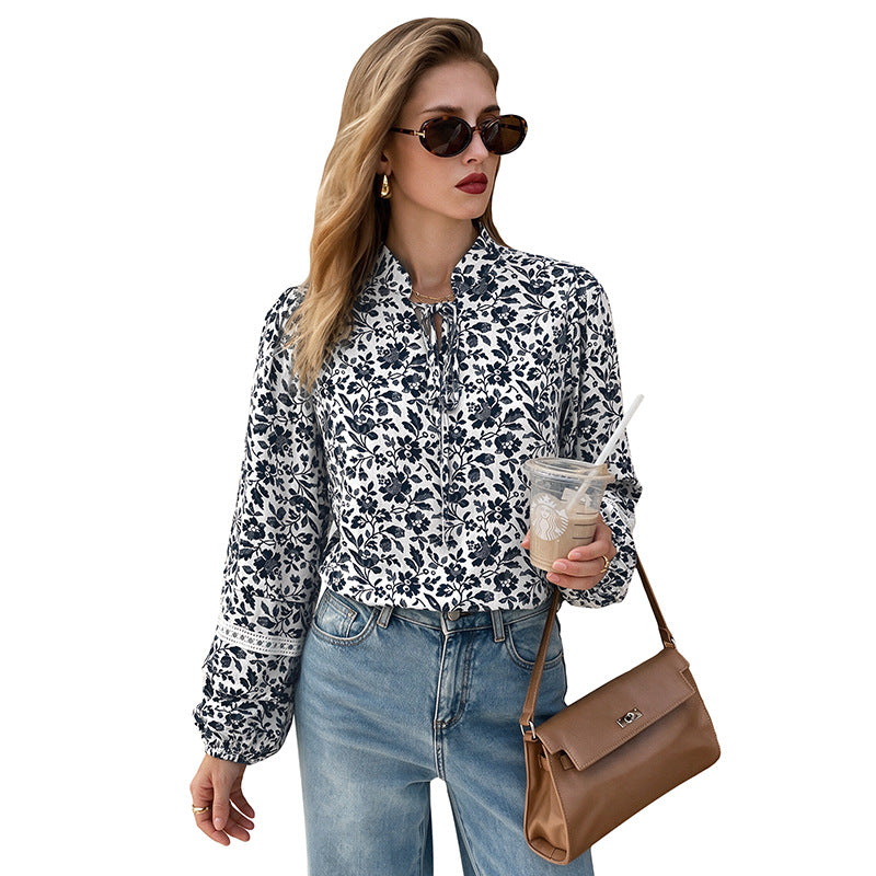 Damen Blumen-Tunika-Bluse mit Bindeschleife, Volantsaum und Spitzen-Details Drune