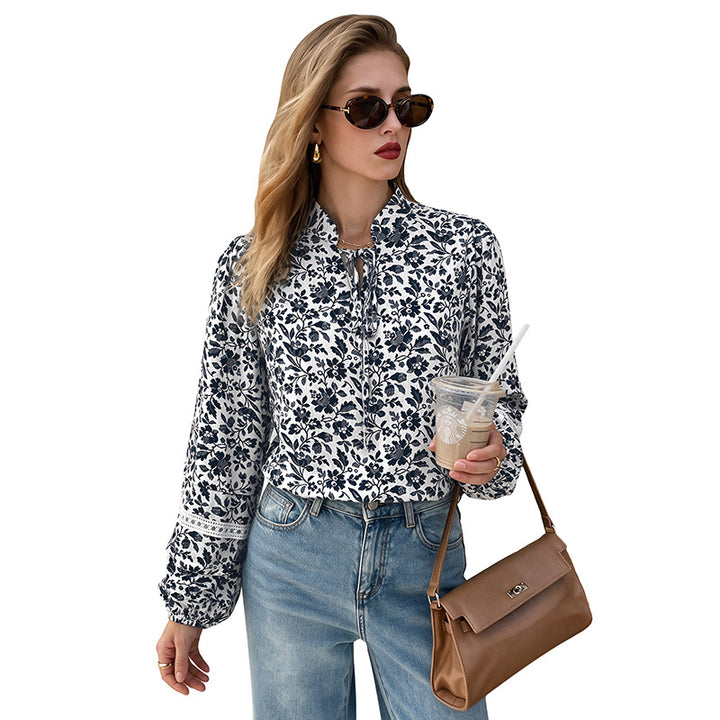 Damen Blumen-Tunika-Bluse mit Bindeschleife, Volantsaum und Spitzen-Details Drune