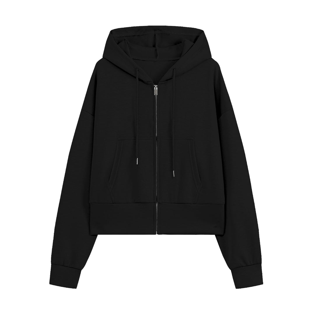 Damen Cropped Zip‑Hoodie mit Kapuze, Kängurutasche und tailliertem Saum Drune