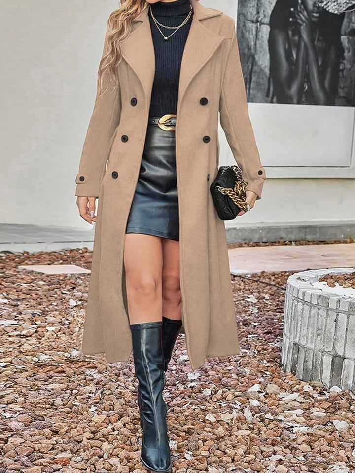 Damen Langer Doppelreihiger Wollmix-Mantel mit tailliertem Schnitt Drune