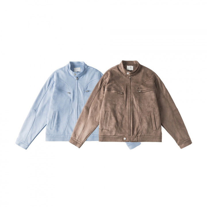 Unisex Kurzgeschnittene kastige Velours-Blousonjacke mit Stehkragen und Brustreißverschlüssen Drune