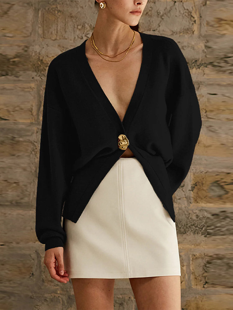 Damen modische Strickjacke mit tiefem V-Ausschnitt und eleganter Knopfleiste Drune