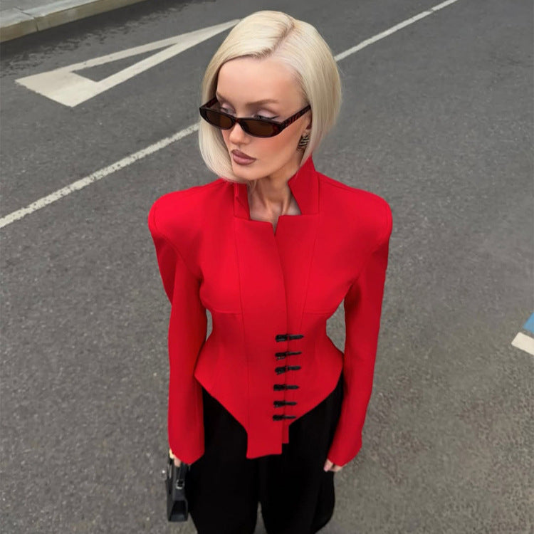 Damen Taillierter Stehkragen-Blazer mit Korsett-Tailierung Drune