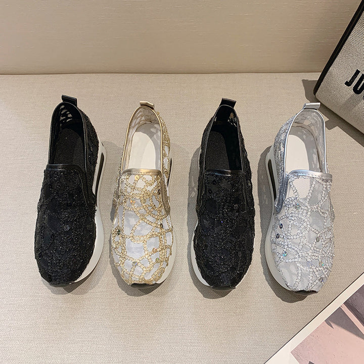 Damen Elegante Keil-Slipper mit transparentem Mesh, Paillettenstickerei und dämpfender Plateau-Sohle Drune