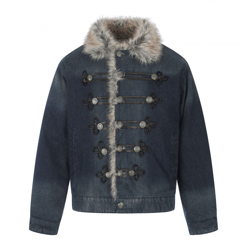 Herren Jeansjacke im Military‑Inspirierten Ornamentstil mit Kunstfellbesatz Drune
