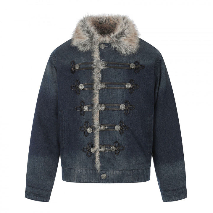 Herren Jeansjacke im Military‑Inspirierten Ornamentstil mit Kunstfellbesatz Drune