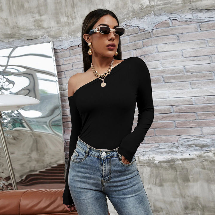 Damen asymmetrisches One-Shoulder Longsleeve-Top mit schlanker Sculpting-Passform und feiner Rippstruktur Drune