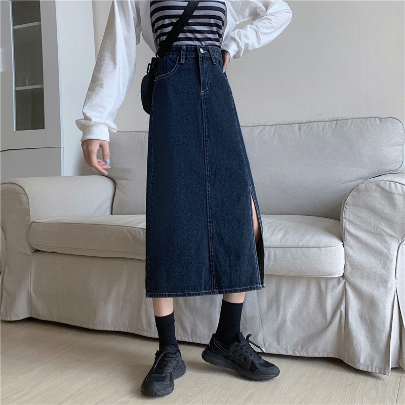 Damen Langer Denim-Rock mit seitlichem Schlitz Drune