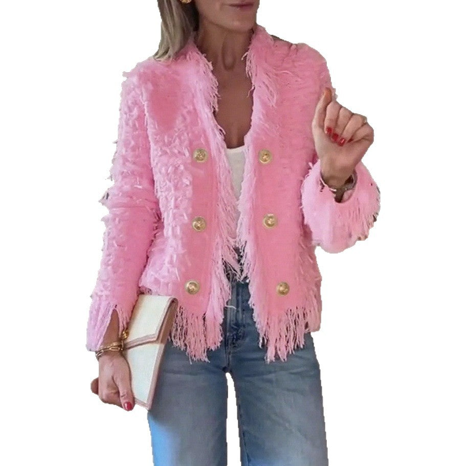 Damen nan fransenbesetzte Kurzjacke mit strukturierter Oberfläche und Zierknopfreihe Drune