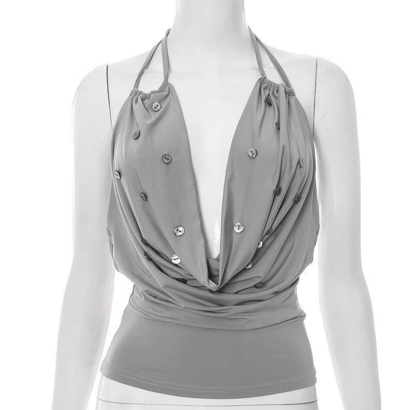 Damen elegantes Trägershirt mit tiefem V-Ausschnitt und Knopfdetails Drune