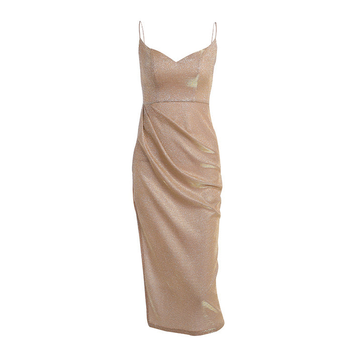 Damen elegantes Metallic-Effekt-Midikleid mit Spaghettiträgern Drune