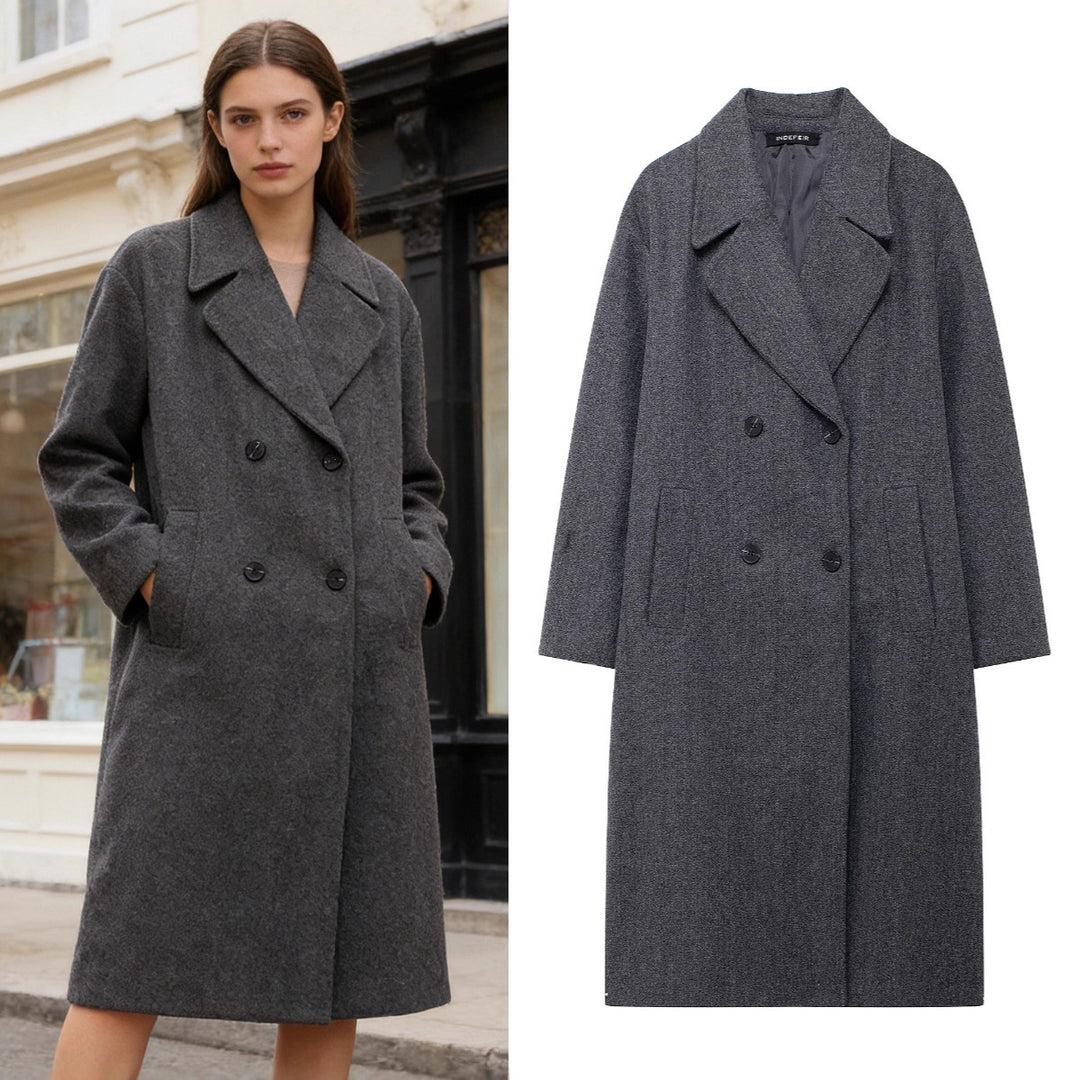 Damen Doppelreihiger Wollmix-Mantel mit Oversize-Schnitt und Reverskragen Drune