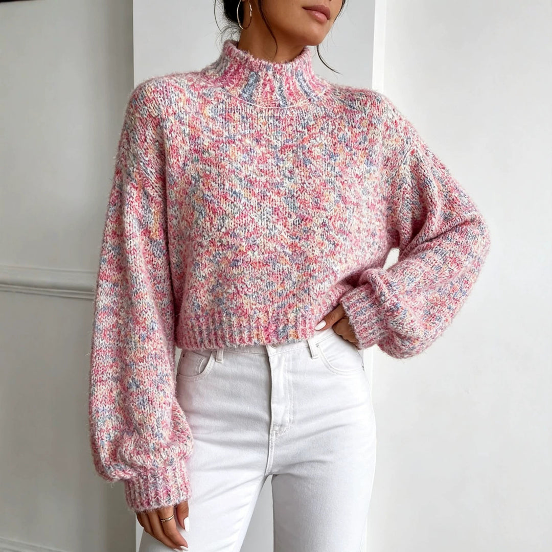 Damen Kurzgeschnittener Oversize-Pullover mit Stehkragen, mehrfarbigem Bouclé-Muster und Ballonärmeln Drune