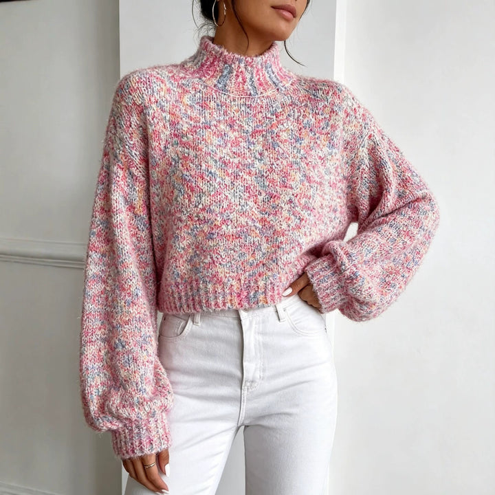 Damen Kurzgeschnittener Oversize-Pullover mit Stehkragen, mehrfarbigem Bouclé-Muster und Ballonärmeln Drune