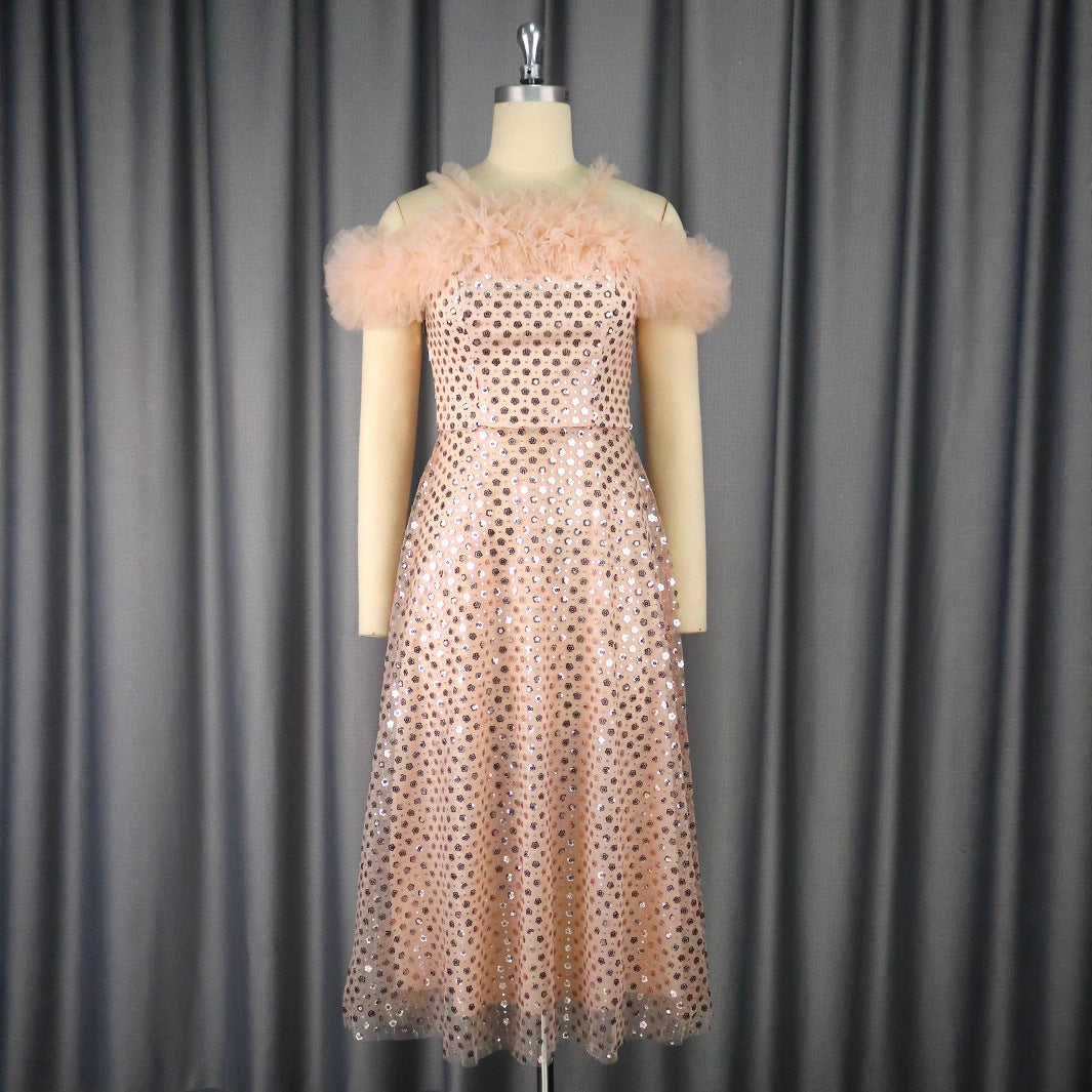 Damen Festliches Abendkleid mit voluminösen Rüschendetails und zartem Glitzer Drune