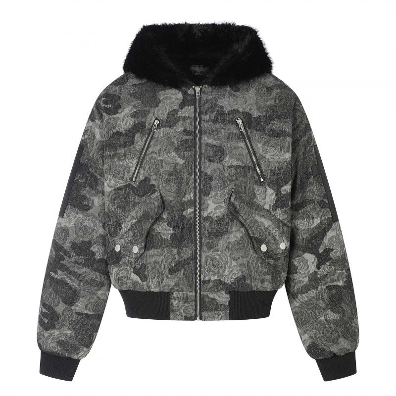 Damen Boxy-Bomberjacke mit weichem Kunstpelzkragen und floraler Camouflage-Struktur Drune