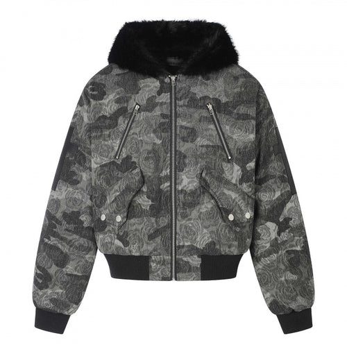 Damen Boxy-Bomberjacke mit weichem Kunstpelzkragen und floraler Camouflage-Struktur Drune