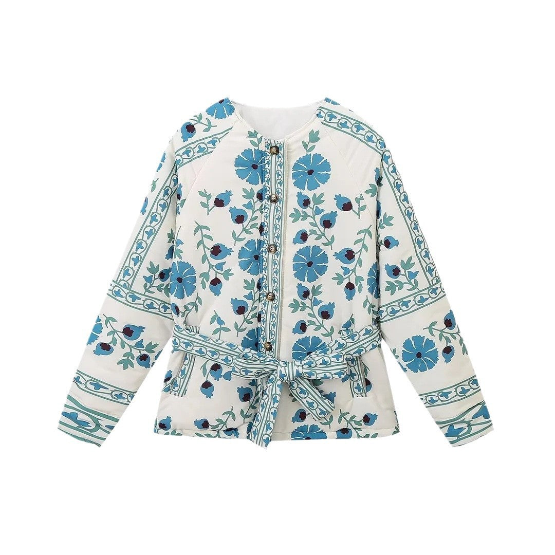Damen leichte Bluse mit floralem Muster und dekorativem Bindegürtel Drune