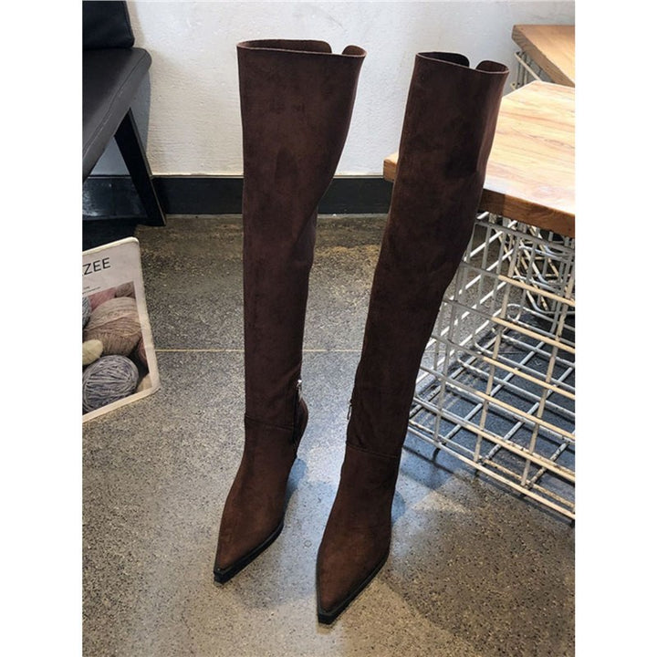 Damen Overknee-Stiefel aus Veloursoptik mit spitzer Zehenform und schmalem Absatz Drune