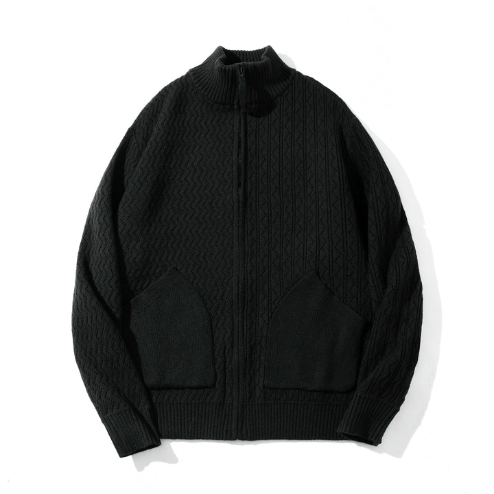 Unisex strukturierte Strick‑Zipjacke mit hohem Rippkragen und Kängurutaschen Drune