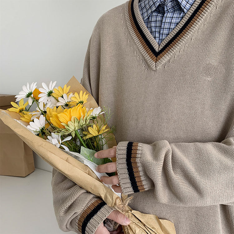 Herren Modischer Grobstrickpullover mit V-Ausschnitt und Streifen Drune