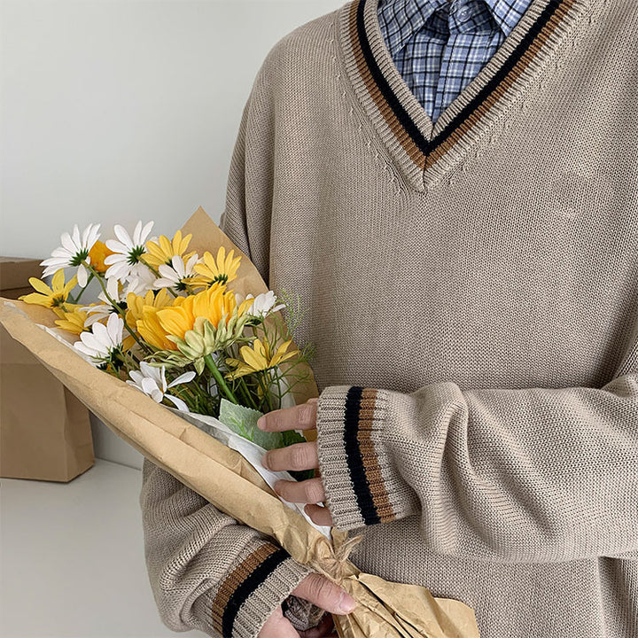 Herren Modischer Grobstrickpullover mit V-Ausschnitt und Streifen Drune