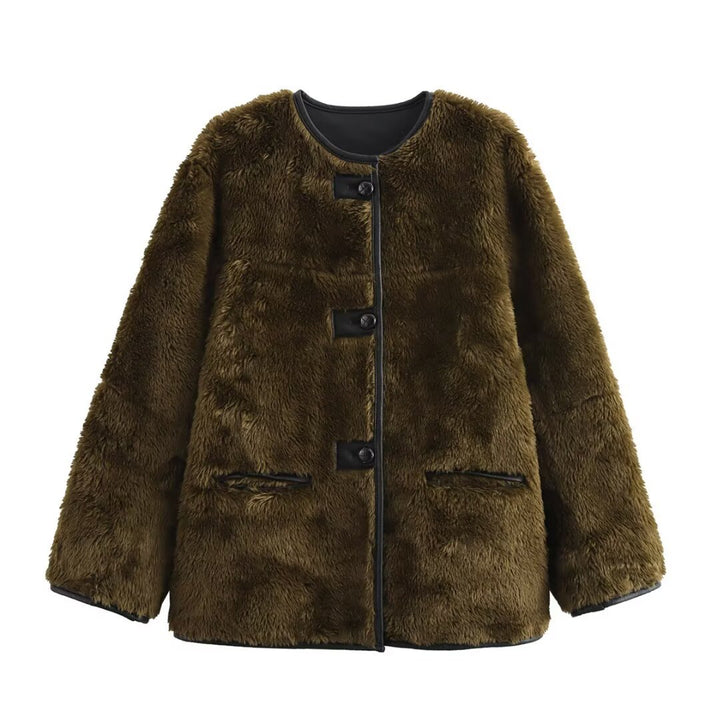 Damen Boxy-Teddyjacke im Faux-Shearling mit Rundhals, Knopfverschluss und Lederpaspeln Drune