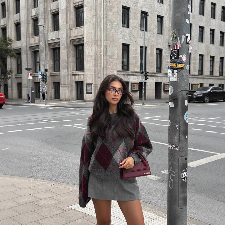Damen 200+ oversized Argyle Strickpullover aus Wollmix mit Rundhalsausschnitt Drune
