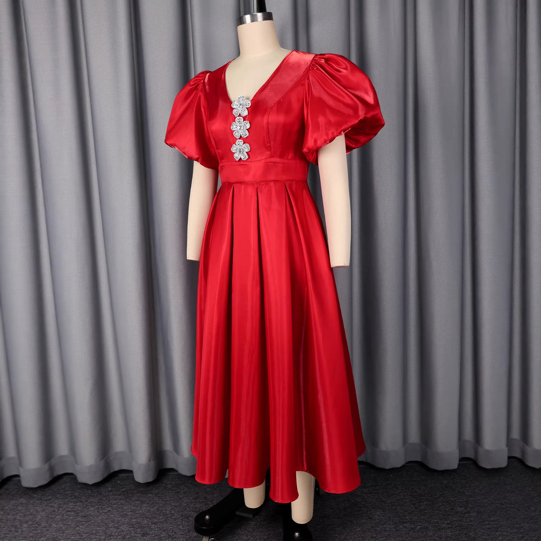 Damen Abendkleid mit schimmerndem Satin und voluminösen Puffärmeln Drune