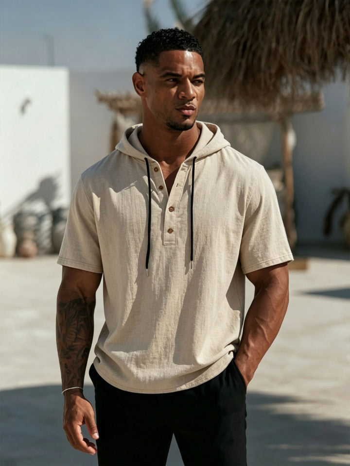 Herren Kurzarm-Hoodie-Henley aus Leinenoptik mit Knopfleiste Drune