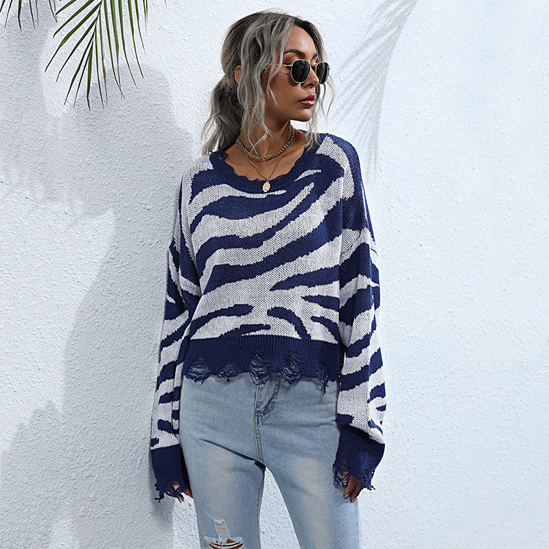 Damen Oversize-Strickpullover mit Zebrastreifen‑Jacquard, ausgefranstem Saum und Raglanärmeln Drune