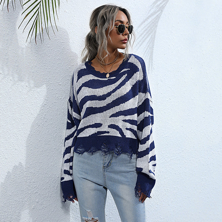 Damen Oversize-Strickpullover mit Zebrastreifen‑Jacquard, ausgefranstem Saum und Raglanärmeln Drune