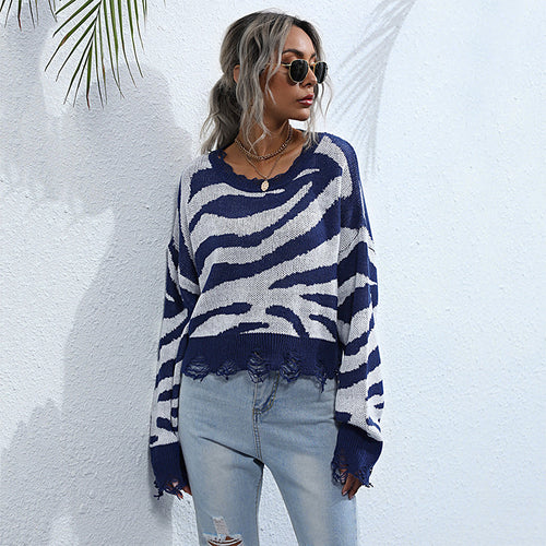 Damen Oversize-Strickpullover mit Zebrastreifen‑Jacquard, ausgefranstem Saum und Raglanärmeln Drune