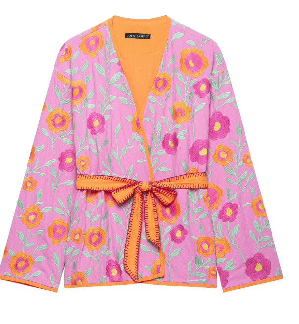 Damen Bestickte Kimonojacke mit Blumenstickerei, Bindegürtel und kontrastierendem Besatz Drune