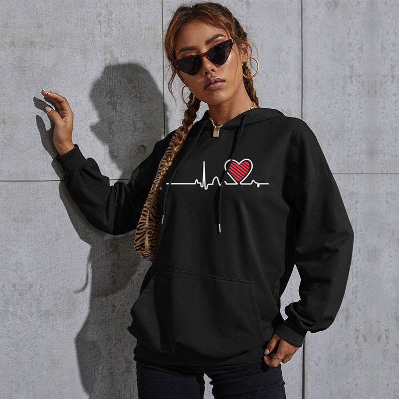 Damen Oversize-Kapuzenpullover mit Herz-EKG‑Print und Kängurutasche Drune